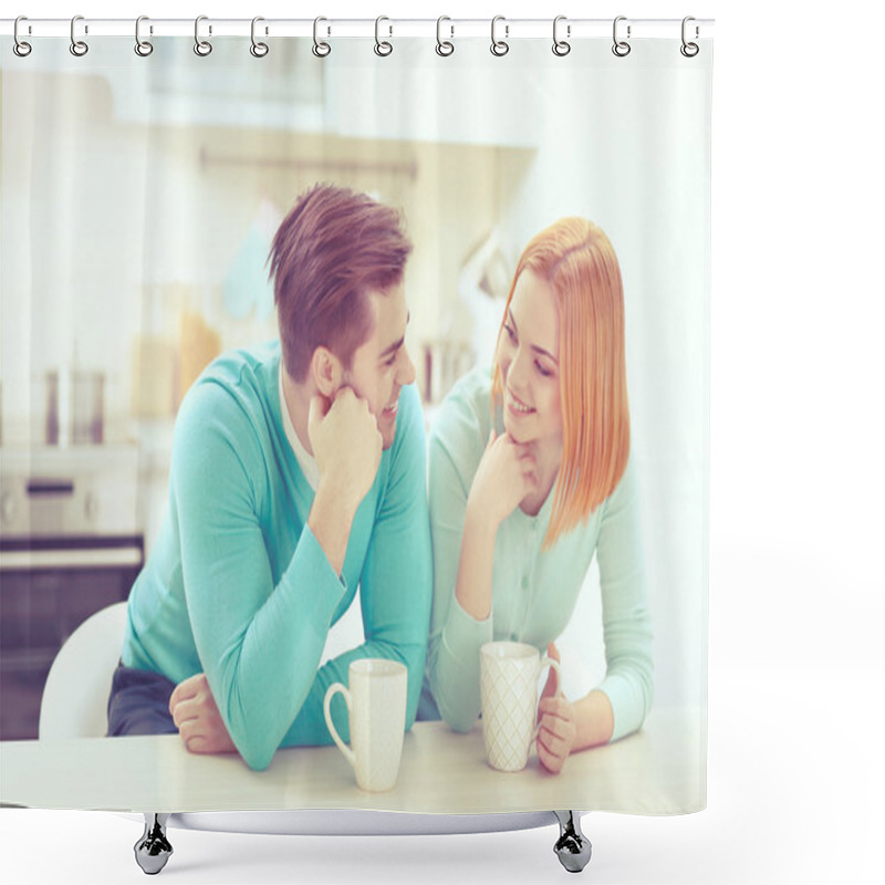 Personality  Happy Young Couple Drinking Tea Shower Curtains