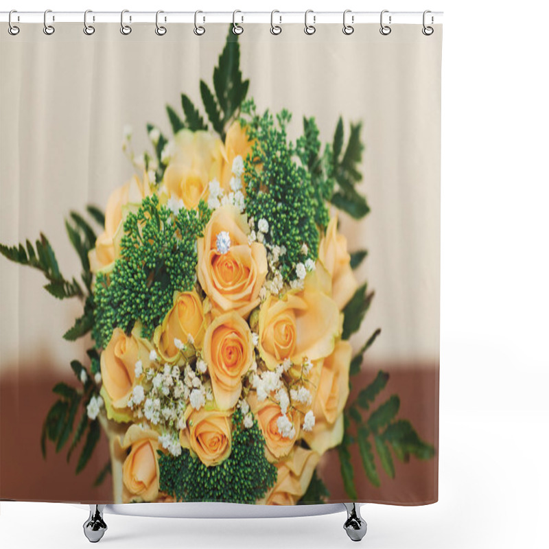 Personality  Wedding Rings On Orange Yellow Roses Wedding Bouquet Shower Curtains