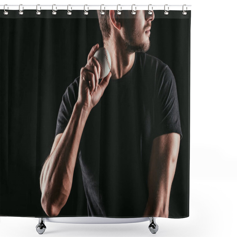 Personality  Mid Section Of Young Man Holding Baseball Ball Isolated On Black Shower Curtains