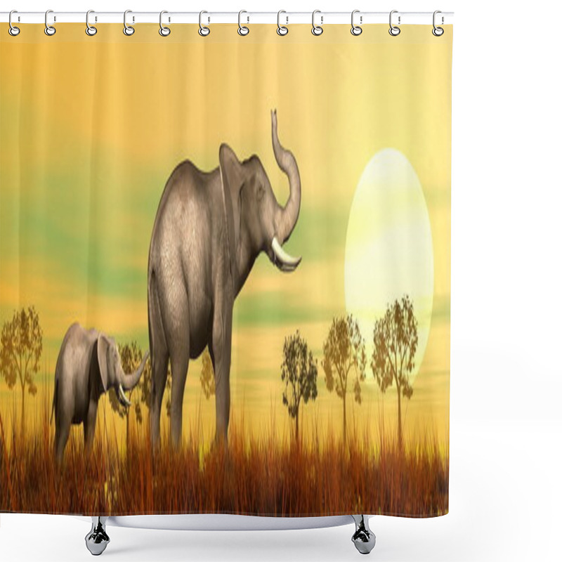 Personality  Elephant Mum And Baby In The Savannah - 3D Render Shower Curtains