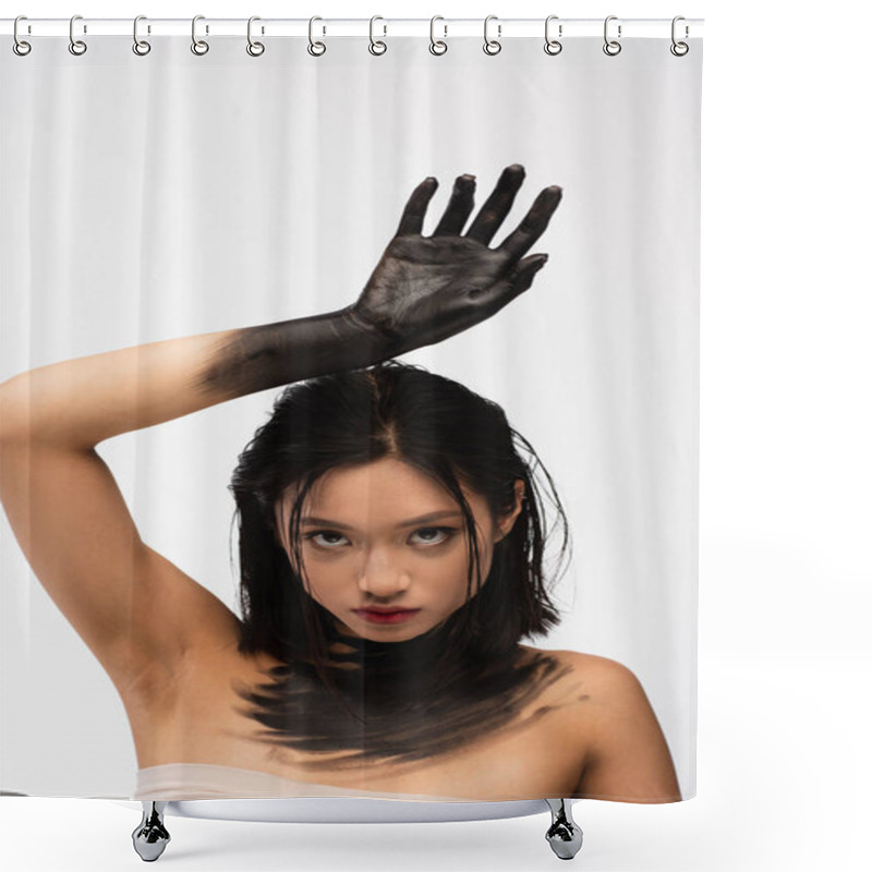 Personality  Pretty Young Asian Woman With Bare Shoulders And Hand In Black Paint Above Head Isolated On White Shower Curtains