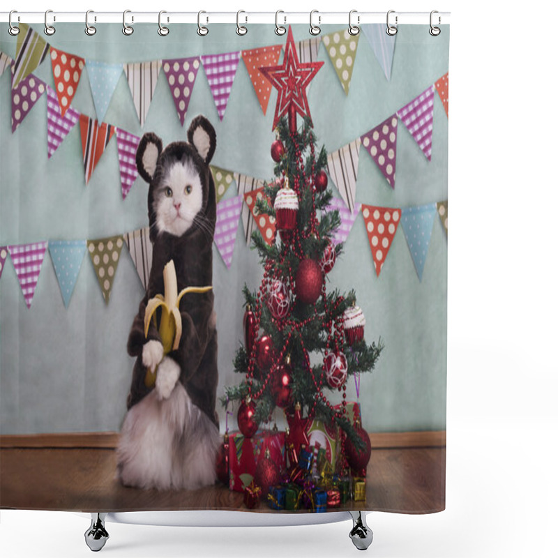 Personality  Cat In A Suit Monkey Eating A Banana At The Christmas Tree Shower Curtains