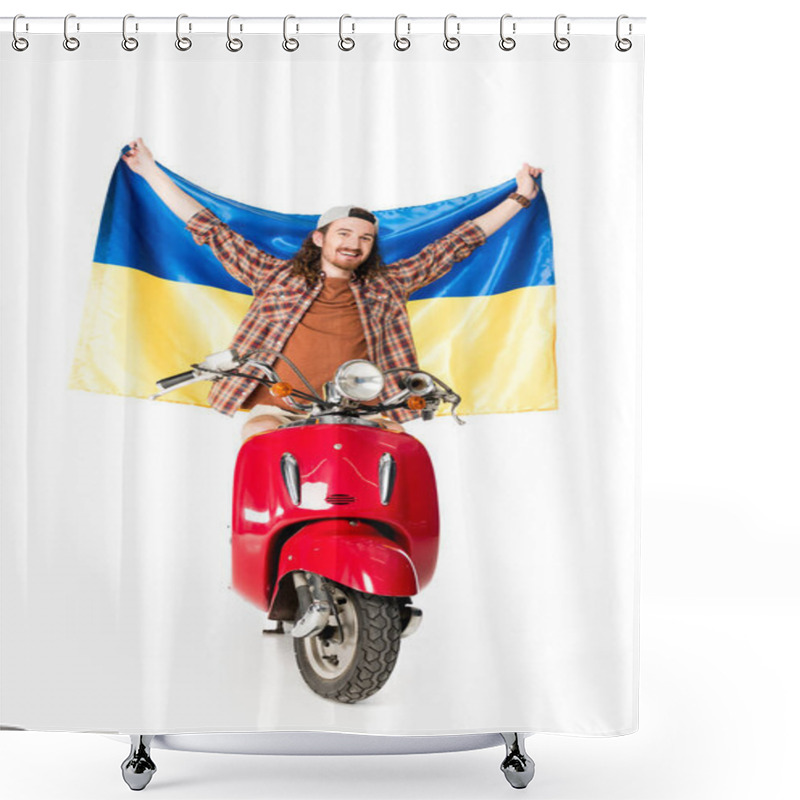 Personality  Full Length View Of Young Man Sitting On Red Scooter, Holding Ukrainian Flag In Air Isolated On White Shower Curtains