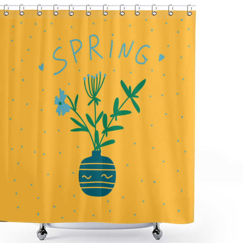 Personality  Postcard With Spring Flowers In A Bowl. Poster With The Inscription Spring Flower In A Vessel. Natural Motifs In A Bouquet And Vase. The Illustration Of Plants Is Drawn By Hand. Picture For Creating A Shower Curtains