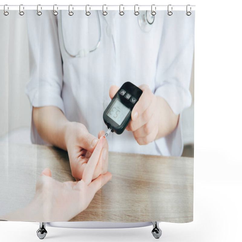 Personality  Cropped View Of Donor And Doctor Measuring Glucose Level With Glucometer Shower Curtains