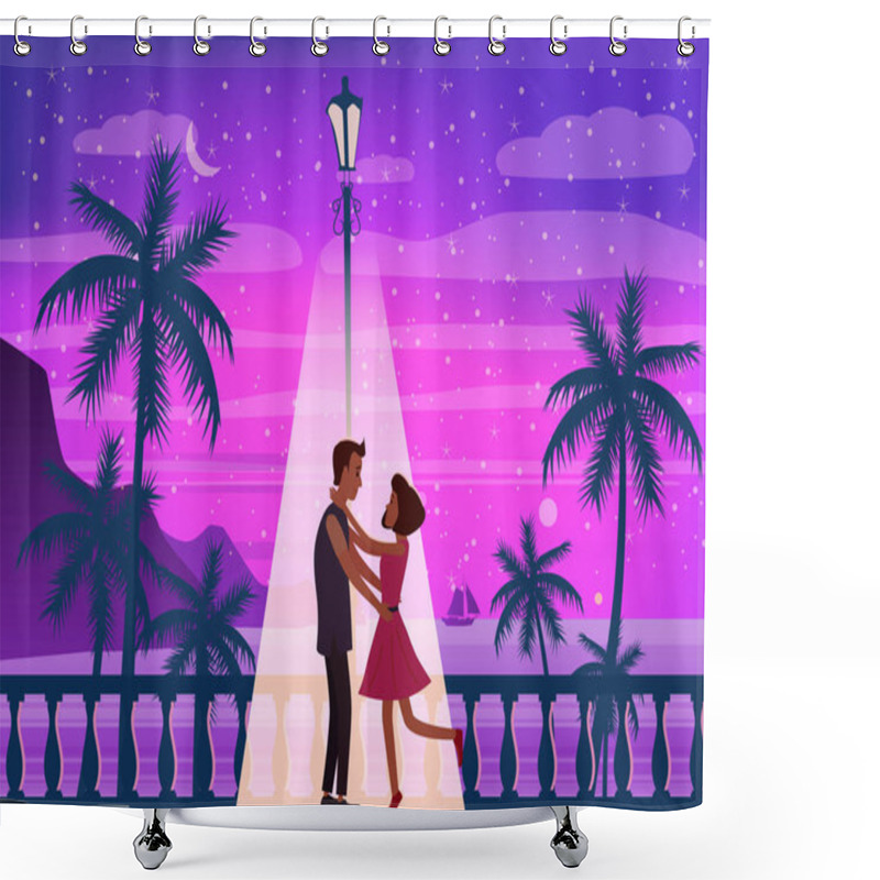 Personality  Sunset Ocean, Sea, Palm Trees, Mountains, Embankment, The Setting Sun, Seascape. Meeting A Couple In Love, Romance, Love. Mood Of Color. Vector, Isolated, Cartoon Style Shower Curtains