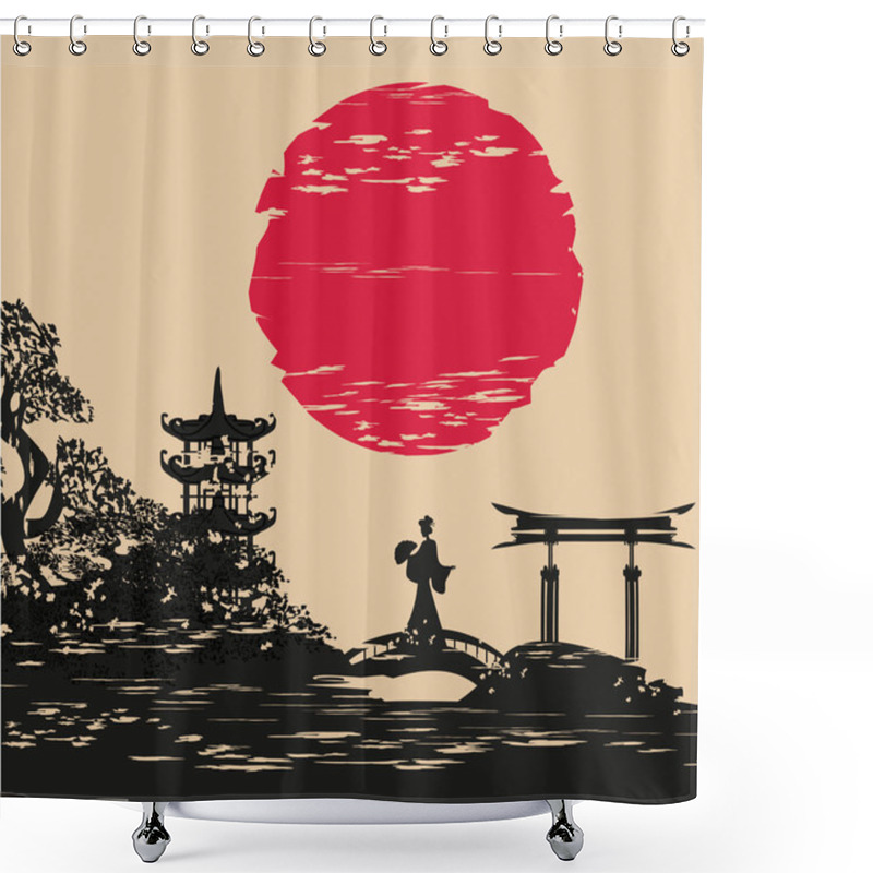 Personality   Abstract Asian Landscape And Beautiful Asian Girl  Shower Curtains