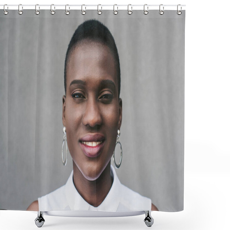 Personality  Portrait Of Smiling Stylish Attractive African American Woman Looking At Camera Near Grey Wall Shower Curtains