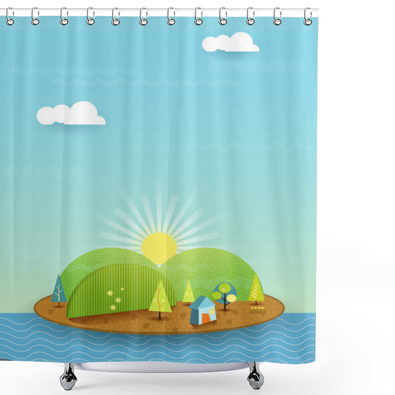 Personality  Illustration Vector, House On Peaceful Island, Sun With Blue Sky Shower Curtains