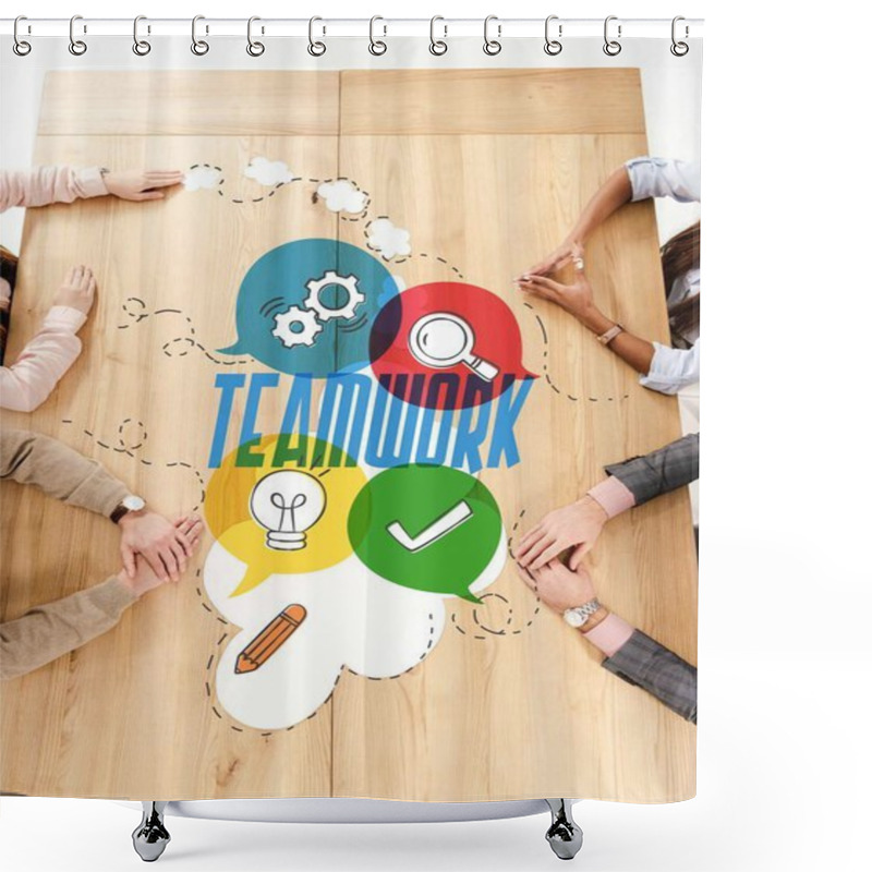 Personality  Overhead View Of Multiracial Business People At Wooden Table With Paper Clouds, Teamwork Inscription And Business Signs Shower Curtains