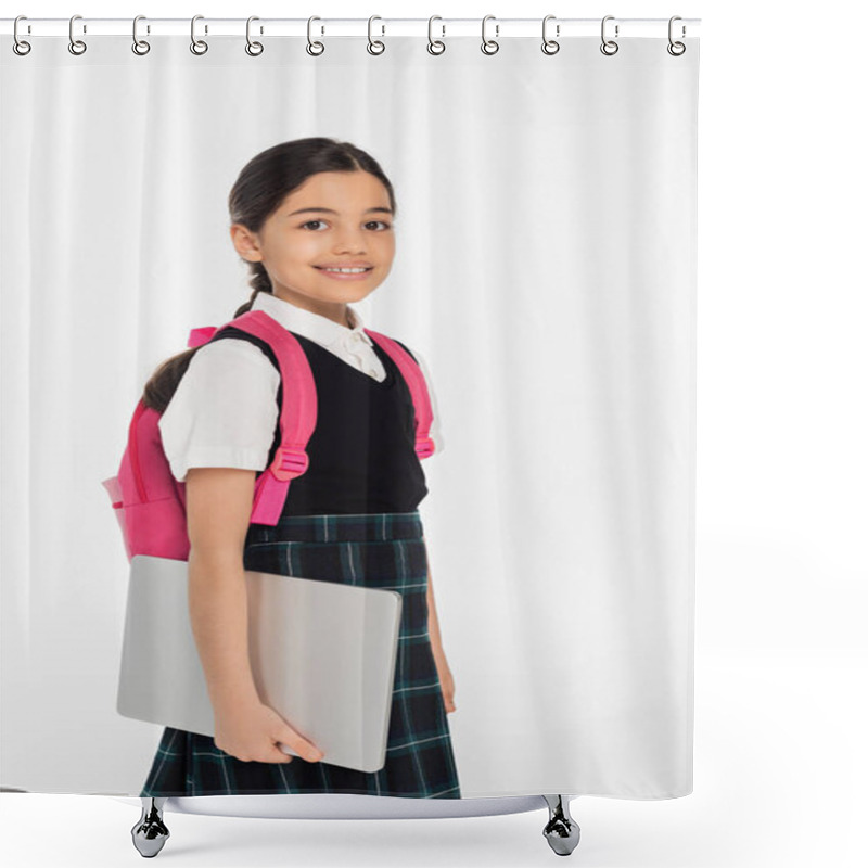 Personality  Positive Schoolgirl Holding Laptop And Looking At Camera, Girl In School Uniform, Isolated On White Shower Curtains