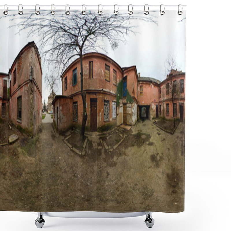 Personality  Panorama In Old Courtyard With Houses With Red Walls. Full 360 Degree  Panorama In Equirectangular Equidistant Spherical Projection, Skybox For VR Content Shower Curtains