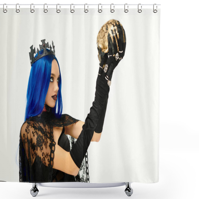 Personality  This Captivating Young Woman Wears A Gothic Halloween Costume, Holding A Skull In Dramatic Fashion. Shower Curtains