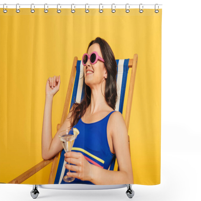 Personality  Happy Woman In Swimsuit And Sunglasses Resting In Deck Chair While Holding Glass Of Cocktail Isolated On Yellow Shower Curtains