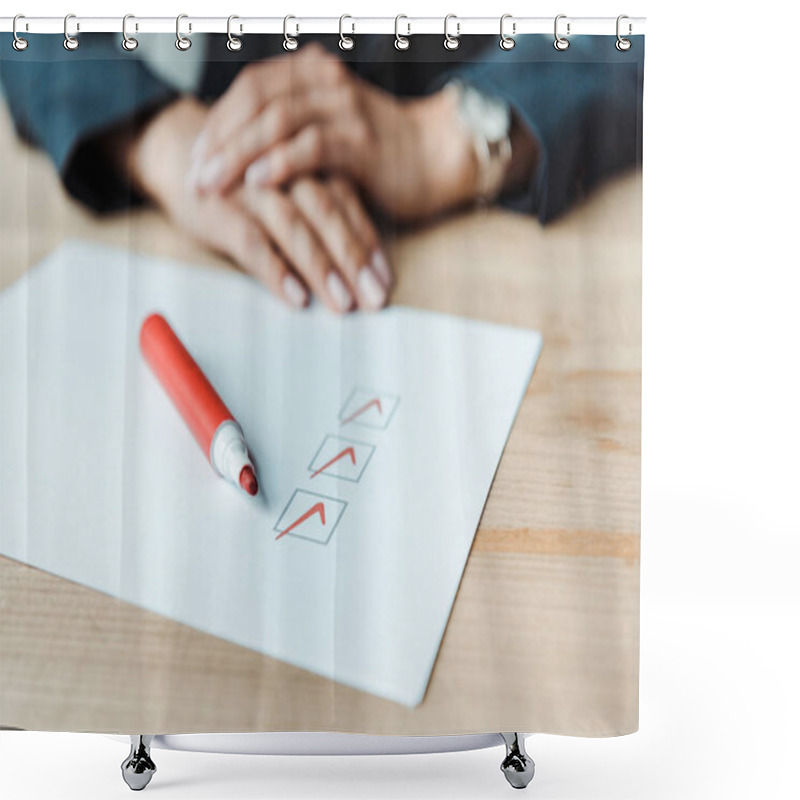 Personality  Cropped View Of Woman With Clenched Hands Near Check List  Shower Curtains