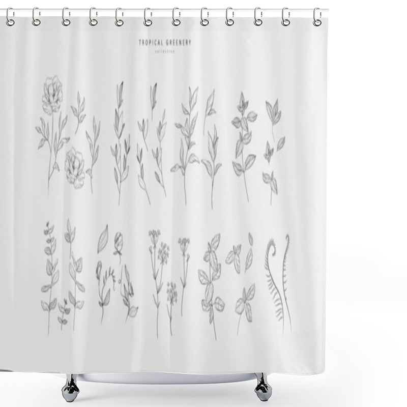 Personality  Set Of Luxury Flowers And Trendy Botanical Elements. Hand Drawn Line Leaves Branches And Blooming. Wedding Elegant Wildflowers For Invitation Save The Date Card. Vector Trendy Greenery Shower Curtains