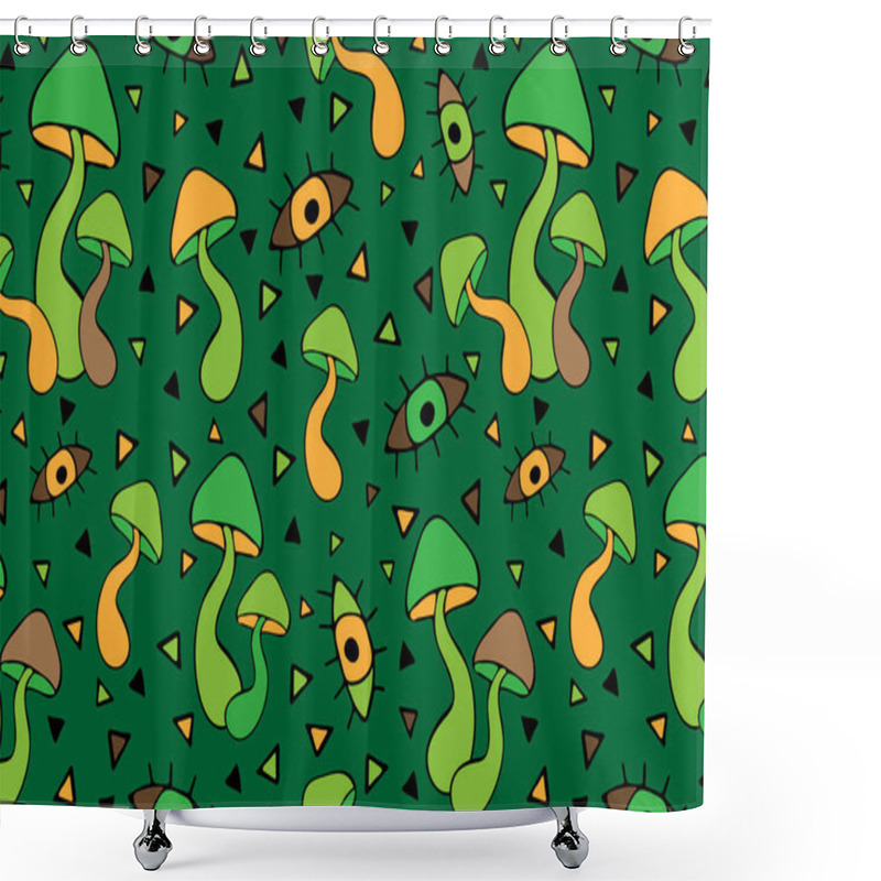 Personality  Green Psychedelic Vector Seamless Pattern With Mushrooms And Eyes. Grunge Green Illustration In 60s Style. Hand Drawn Repeated Background For  Fabric, Textile, Wallpaper, Wrapping Paper, Cover Shower Curtains