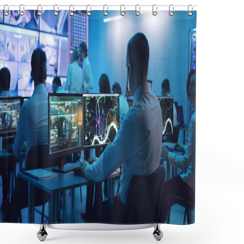 Personality  Male Spy Browsing Video And Map On Computers Shower Curtains