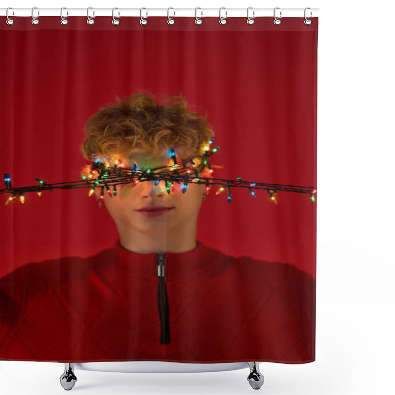 Personality  Brightly Lit Christmas Lights Drape Across A Mans Face, Embodying The Holiday Spirit In A Striking Red Setting. His Joyful Expression Showcases His Stylish Seasonal Outfit, Perfect For Celebrations. Shower Curtains