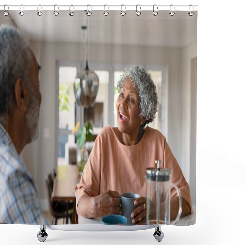 Personality  Happy African American Senior Couple Sitting In Kitchen With Coffee And Talking. Healthy Retirement Lifestyle At Home. Shower Curtains