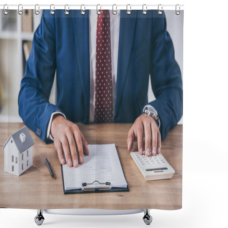 Personality  Cropped View Of Businessman In Formal Wear Using Calculator And Writing In Contract Near House Model Shower Curtains