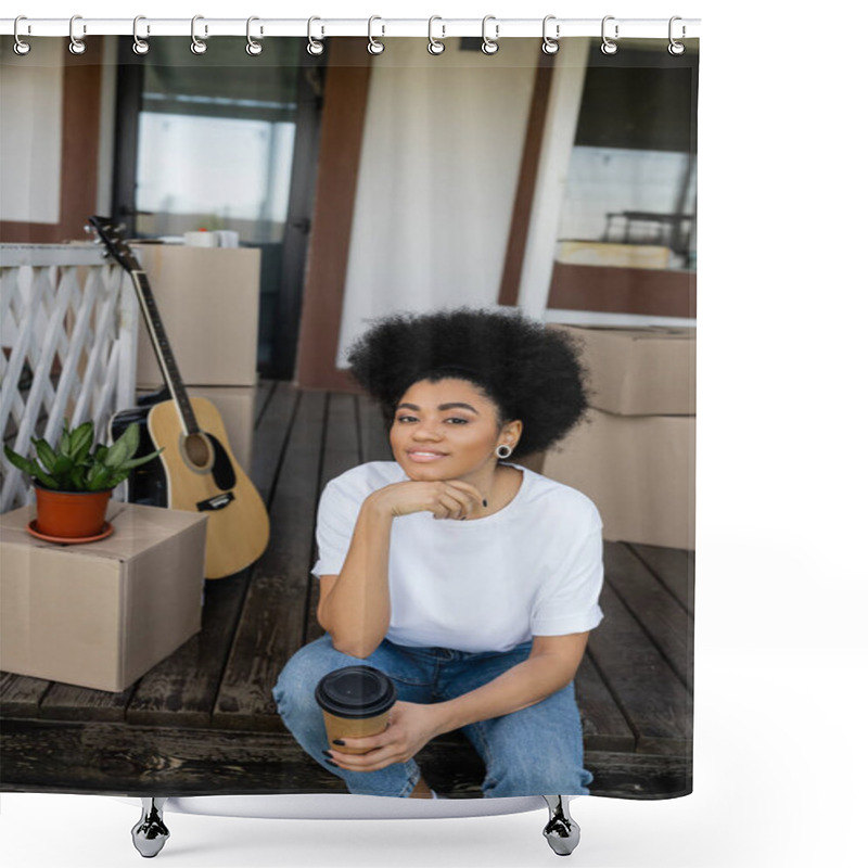 Personality  Positive African American Woman Holding Coffee To Go And Looking At Camera Near New House Shower Curtains