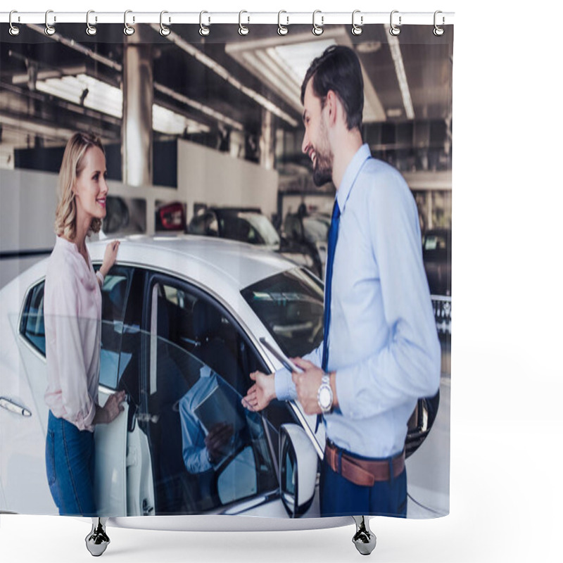 Personality  Female Client And Smiling Salesman Looking At New Car In Dealership Salon Shower Curtains