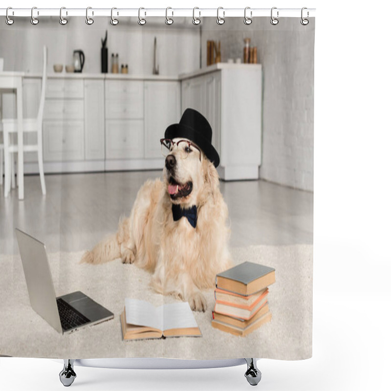 Personality  Cute Golden Retriever In Bow Tie, Glasses And Hat Lying On Floor With Laptop And Books  Shower Curtains