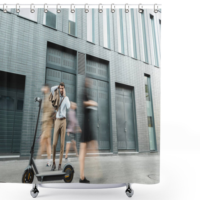 Personality  Businessman In Suit Talking On Smartphone While Standing Near E-scooter And People, Motion Blur Shower Curtains