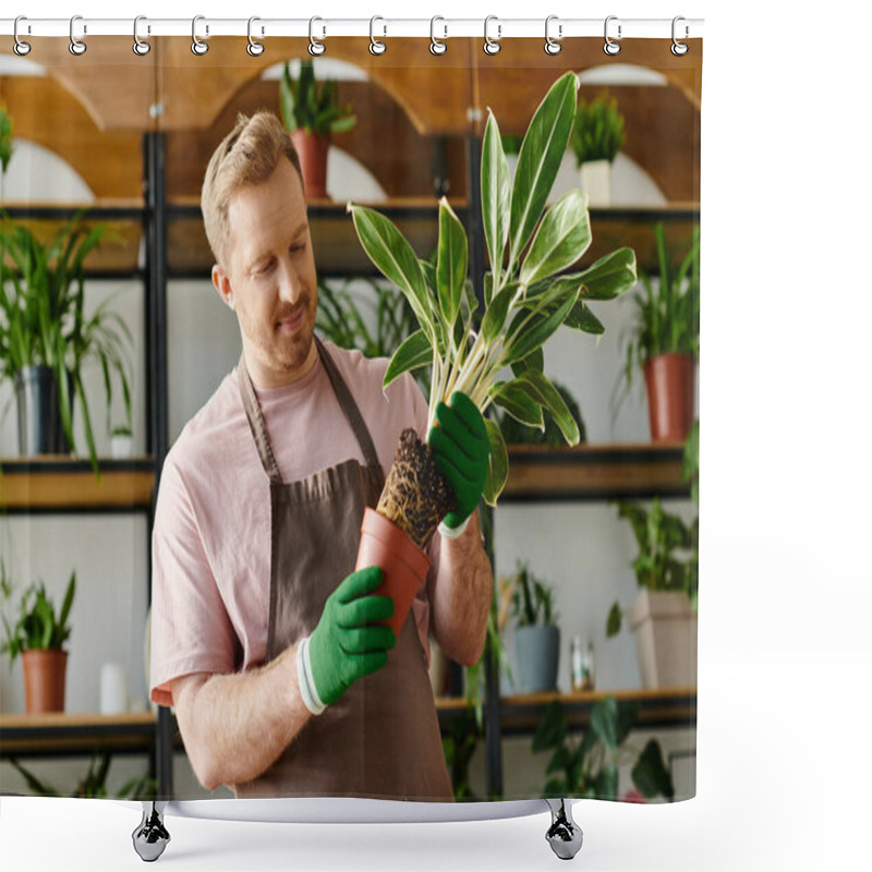 Personality  A Man In An Apron Cradles A Flourishing Potted Plant, Showcasing His Passion For Nurturing Botanical Beauty In His Plant Shop. Shower Curtains