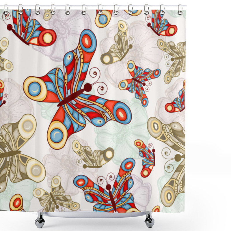 Personality  Vector Seamless Background With Abstract Flowers And Butterflies Shower Curtains