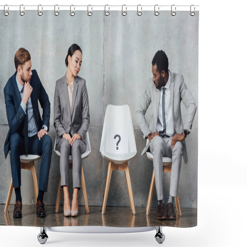 Personality  Multiethnic Businesspeople Looking At Card With Question Mark On Chair In Waiting Hall Shower Curtains