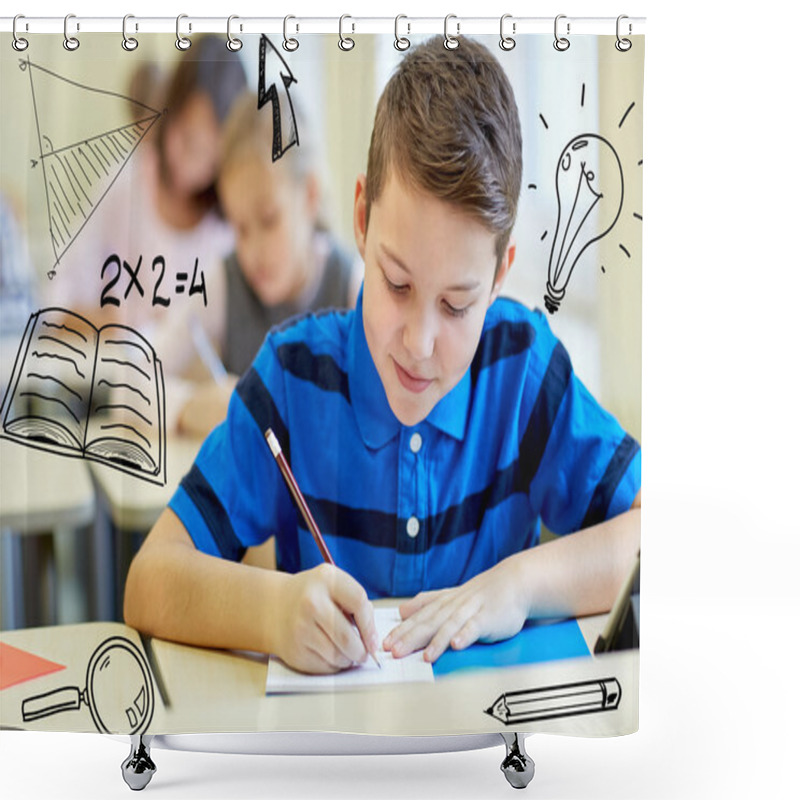 Personality  Group Of School Kids Writing Test In Classroom Shower Curtains