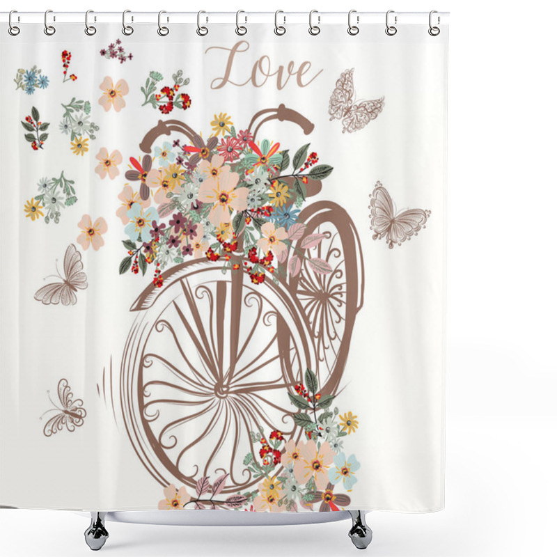 Personality  Cute Hand Drawn Bicycle With Bunch Of Spring Flowers Shower Curtains