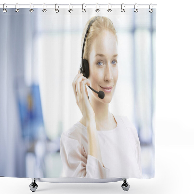 Personality  Smiling Young Female Customer Service Agent With Headset Shower Curtains