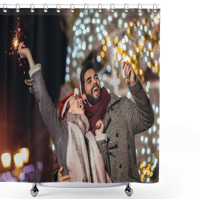 Personality  Young Loving Couple Burning Sparklers By Holiday Illumination On Shower Curtains