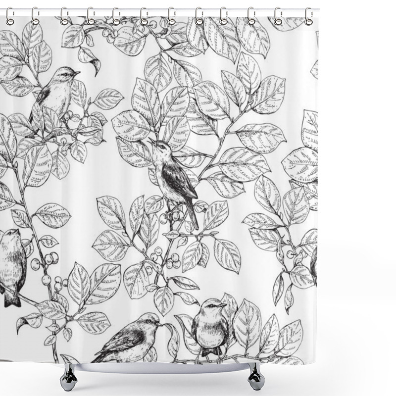 Personality  Seamless Pattern With Birds On Branches Shower Curtains