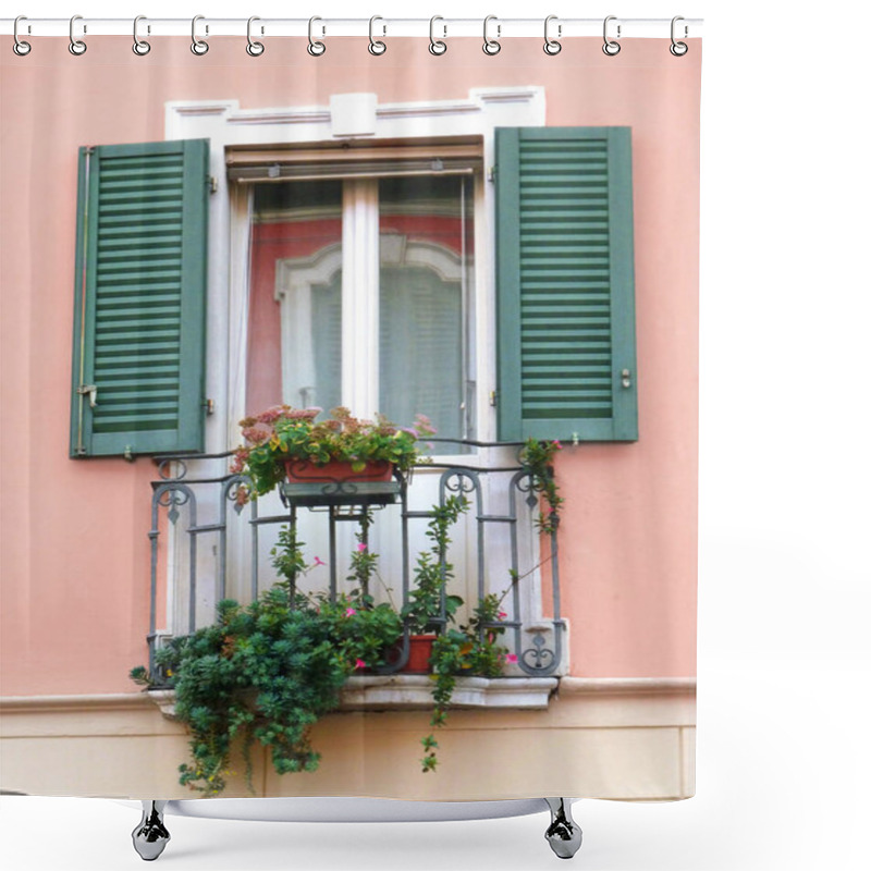 Personality  An Old Window With Latticed Shutters, A Balcony Trellis And Potted Flowers In A Stone Wall Of A Residential Building. Shower Curtains