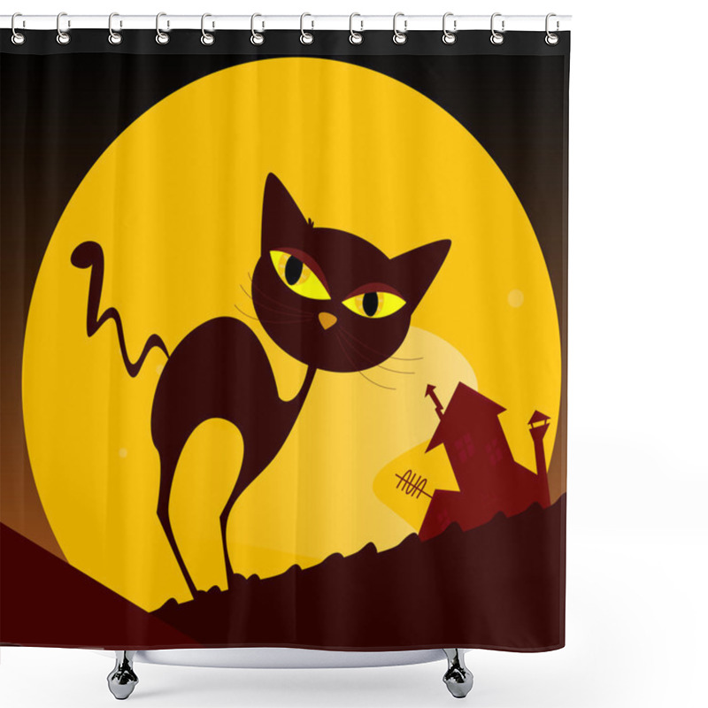 Personality  Black Cat Silhouette And City Sunset Shower Curtains