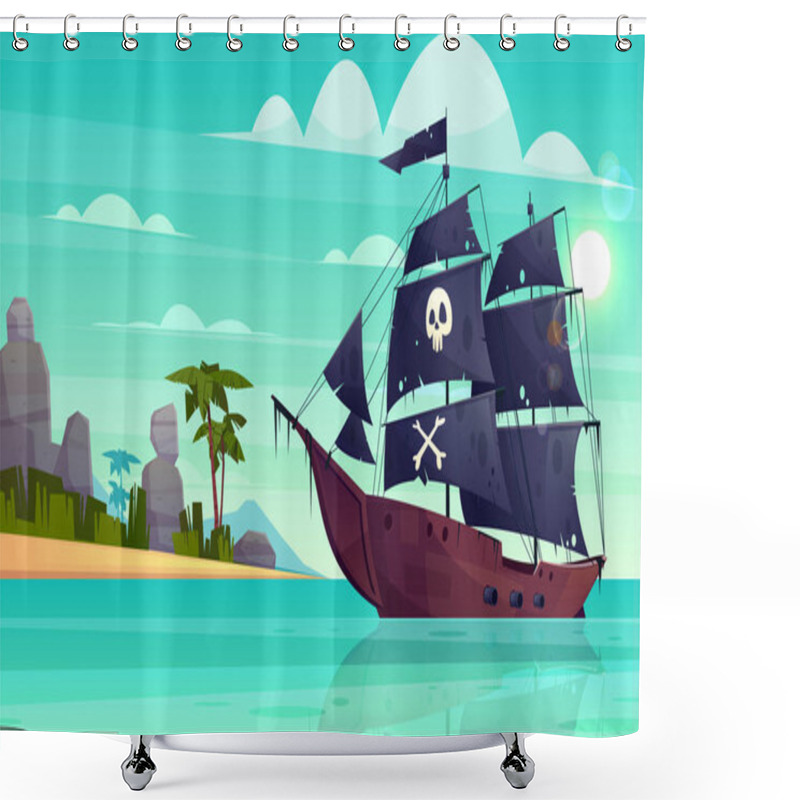 Personality  Vector Cartoon Pirate Ship In Bay, Island Shower Curtains