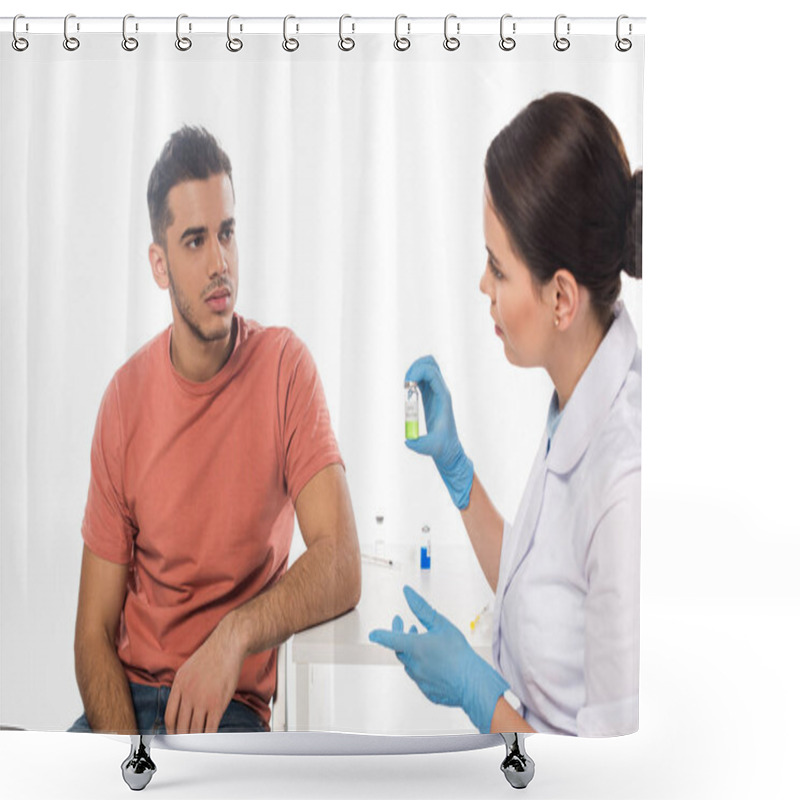 Personality  Female Doctor Showing Hpv Vaccine To Patient At Table Isolated On White Shower Curtains