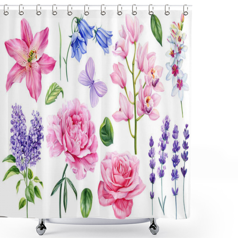 Personality  Watercolor Floral Set. Peony, Rose, Lavender, Lily, Orchid, Bluebells And Lilac Flowers Isolated On White Background. Hand Drawn Floral Illustration. Greeting Card. High Quality Illustration Shower Curtains