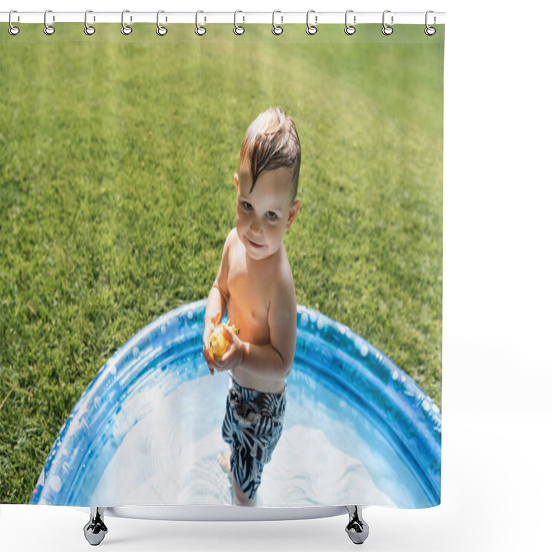 Personality  High Angle View Of Toddler Kid In Swim Trunks Standing In Inflatable Pool With Rubber Toy Shower Curtains