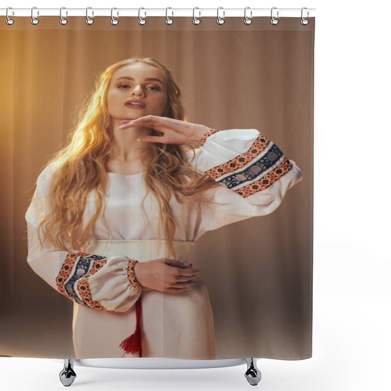 Personality  A Young Maiden Dressed In White Poses Gracefully, Embodying An Aura Of Fairy And Fantasy In A Studio Setting. Shower Curtains