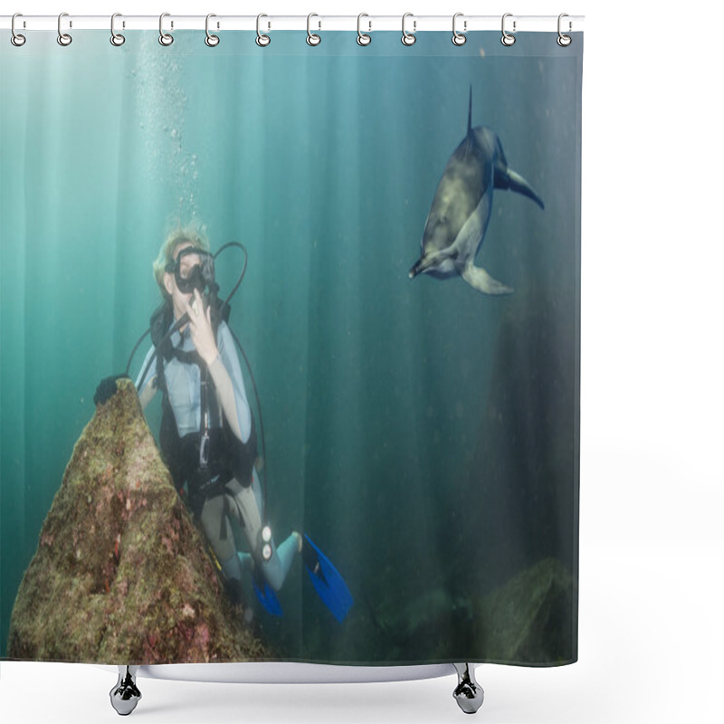 Personality  Beautiful Blonde Girl Approached By A Dolphin Shower Curtains