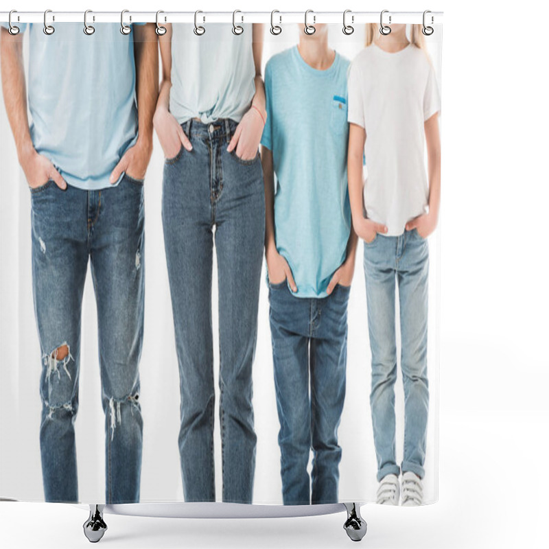 Personality  Cropped View Of Family Standing In Jeans With Hands In Pockets Isolated On White Shower Curtains