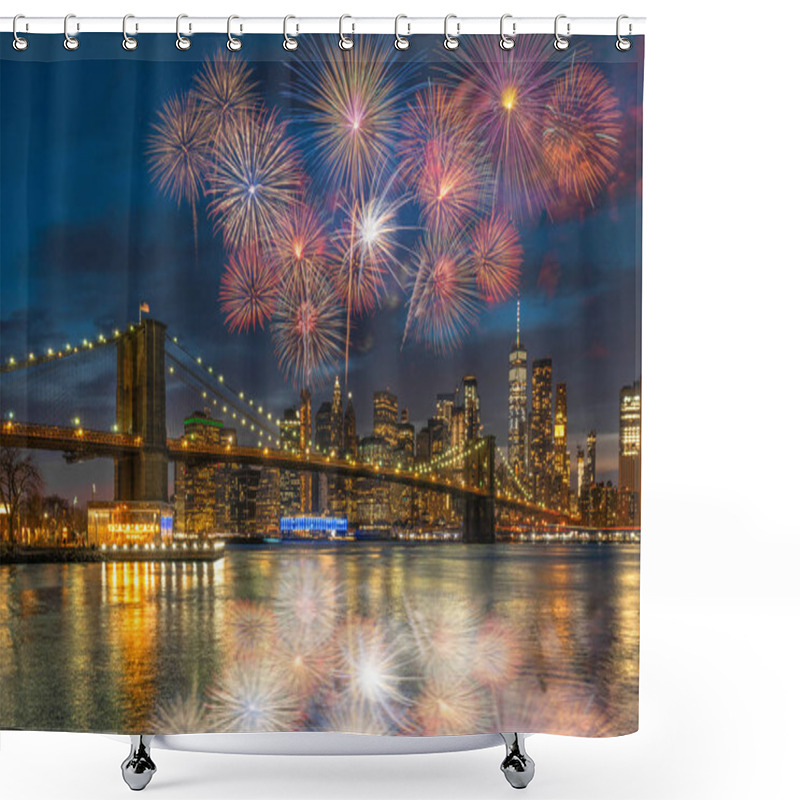 Personality  Multicolor Firework Celebration Over Scene Of New York Cityscape With Brooklyn Bridge Over The East River At The Twilight Time, USA Downtown Skyline, 4th Of July And Independence Day Concept Shower Curtains