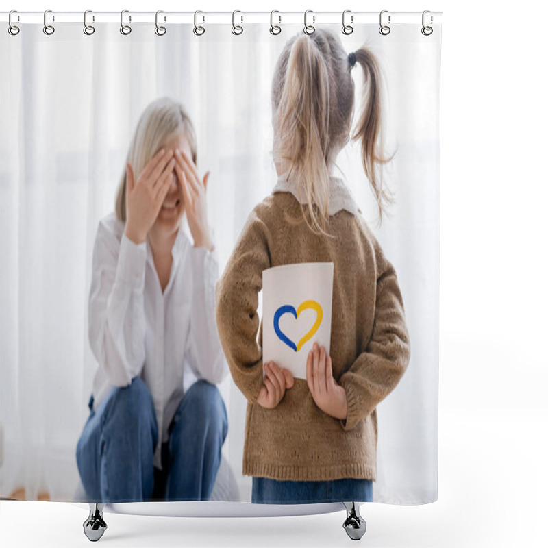 Personality  Girl With Ponytails Holding Card With Blue And Yellow Heart Near Happy Mom Obscuring Face With Hands Shower Curtains