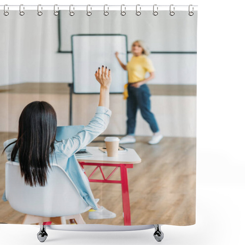 Personality  Rear View Of Student Raising Hand To Answer At Question Of Teacher Shower Curtains