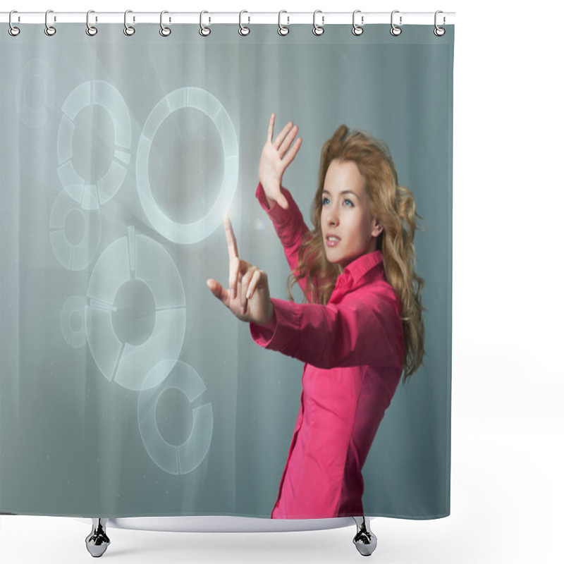 Personality  Woman In Pink Blouse Using Virtual Interface Shower Curtains